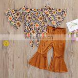 2Pcs Infant Baby Girl Fashion Outfits Toddler Lace-up Flare Sleeve Boat Neck Sunflower Pullover Solid Color Flared Trousers thumbnail-6