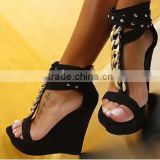 Platform sexy hgih heels fashion dress sandal shoes gold chain front straps black suede leather sandals high summer sandals