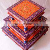 Indian Handcrafted Painted Wooden Chowki Set Of 3 thumbnail-4