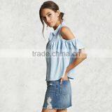 HAODUOYI Fashion Short Sleeve Women Blouse Loose Falbala Single Breasted Colder Shoulder Lapel Ladies Shirts for Wholesale thumbnail-2