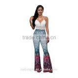Halter White Blue Bell Bottomed Pants and Top Set /19 Color Xayn Printed Wide Legging Flare Trousers and Top Two Piece Set thumbnail-2