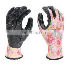 China Comfortable Breathable Flower Print Garden Nylon Shell Nitrile Work Gloves Wholesale thumbnail-1