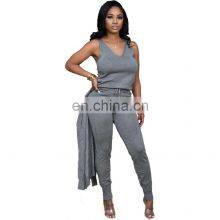 Clothing Wholesale Custom Fashion Casual 3-piece Sexy Sports Solid Color Sleeveless Pencil Pants Suit Plus Size thumbnail-3
