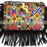 Black Leather fringes Multi color hand embroiderd vintage banjara gypsy small clutch purse