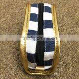 Blue Stripe Printing Cotton Canvas Zipper Pouch Make Up Clutch Bag With Gold Edge thumbnail-3