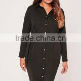 Plus Size Satin Button Through Belted Shirt Dress Rayon Black Long Sleeve Shirt Dress thumbnail-4