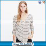 Women Long Sleeve t Shirt V-neck Tee in Double Stripe thumbnail-1