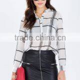 2015 New Design Sheer Chiffon Ladies Blouse Grid Print Blouses Wholesale thumbnail-2