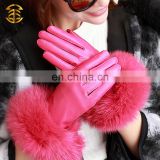 Fashion Warm Winter Red Rabbit Fur Cuff Leather Gloves For Girl