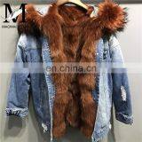 2017 Fashionable Women Winter Real Fox Fur Lined Denim Parka Real Fur Jacket Raccoon thumbnail-4