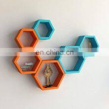 6 Piece Hexagon Shape MDF Wall Shelf, Orange and Sky Blue