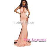 Pink Latest Halterneck Lace Trim Ladies Long Evening Party Wear Gown thumbnail-1