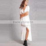 2017 Summer V Neckline Lace Long Dress Short Sleeves White Floral Maxi Lace Dress Hsm9125