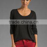 Long Sleeve Pocket Plain Black T-shirts for Women thumbnail-1