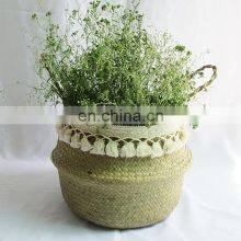 Natural Seagrass Storage Basket - Seagrass Belly Basket With White Tassel Foldable Woven PomPom Basket With Handle thumbnail-5