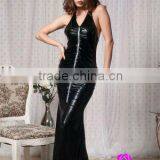 Latest Fashion Front Zipper Party Wear Black Leather Ladies Maxi Dress thumbnail-1