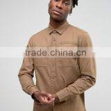 Custom Long Sleeve Spread Collar Twin Chest Pockets Mens Pre-Shrunk 100% Cotton Breathable Comfot Fit Casual Khaki Plain Shirts