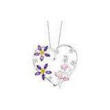 Girl Silver Necklace Pendant , Heart Shape Purple Zircon Flower Pendant