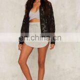 Black Mesh And Ribbed Contrast Hem Geometric Embroidery Throughout Bomber Jacket thumbnail-4