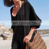 Bamboo Cotton Cover Up Sexy White V Neck Beach Dress Robe de Plage Sarong Beach Poncho Beachwear Coverups Saida de Praia thumbnail-3