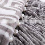High Quality National Style Three Color Stripe Printing Custom Flannel Throw Blanket With Pearls Tassels thumbnail-3