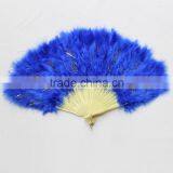 Dance Accessories Hand Foldable Feather Fan Peacock Plastic Staves-Blue With Gold Tinsel thumbnail-1
