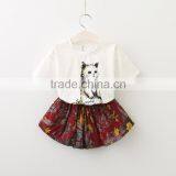 2017 Wholesale Girls Summer Apparel White t Shirt With Cat Print +mini Floral Dress Lothing Set thumbnail-3