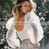 2020 New Street Look Women Autumn Lantern Sleeve Mesh Stitching Long-sleeved Multi Color Crop Top thumbnail-4