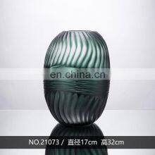 Nordic Cylindrical Corrugated Ripple Green Glass Flower Vase For Home Decor Decoration thumbnail-3