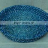 Vietnam Handcrafted Blue Lacquered Round Bamboo & Rattan Tray