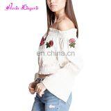 Costum Service Long Horn Sleeve Off Shoulder White Crop Women Tops Blouse thumbnail-2
