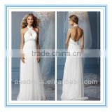 Criss-Cross Front Halter Neckline Sea Glass Beaded Trim at Empire Slim A-Line Skirt Open Back Wedding Dress (WDWA-1014)