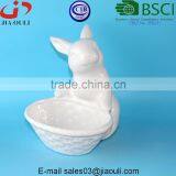 BSCI Audit Factory Popular Easter Decorations Ceramic Bunny With Basket , Lovely Rabbit Figurines thumbnail-3