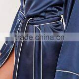 2017 New Arrival Pyjamas Kimono Silk Robe Navy Contrast Piping Embroidered Logo Shirt Dress With Tie Waist thumbnail-3
