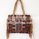 Tribal Banjara Boho Leather Bag- Vintage Embroidery Banjara Leather Tote Handbag-Gypsy Banjara Leather Fringe Tote Bags-