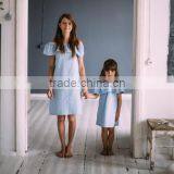 Mother Daughter Matching Dress Mommy And Me Off Shoulder Top Girl Blue Dress Frill Girl thumbnail-1