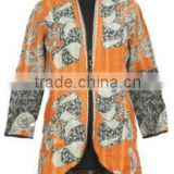 RTHCJ-D23 Orange Floral reversible cotton kantha Winter Jackets For Girls Unique Designer Print Full sleeve long size Jaipur