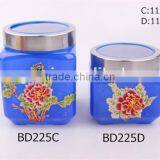 Square Glass Storage Jar With Metal Lid and Nice Decal thumbnail-1