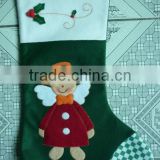New products handsewn cheap wholesale fabric sock wool felt Christmas stocking hangers with applique angel Xmas snowman motif