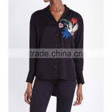 Wholesale Women Black Long Sleeves Hoxton Bird Embroidered Satin Shirt(DQE0108T) thumbnail-2