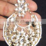 JADAU KUNDAN GOLD PLATED Dangler Chand Bali EARRINGS TIKA SET Real Look thumbnail-2