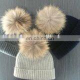 Navy Color Plain Cashmere Beanie Hat & Scarf With Raccoon Fur Pom Pom thumbnail-2