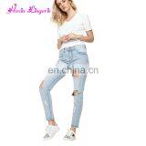 Wholesale No Moq Summer Women Denim Light Blue Ripped Jeans thumbnail-3