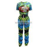 Wholesale Tie Dye With Carton Printing 2 Piece Joggers Crop Top and Stacked Hollow Out Pants Set thumbnail-2