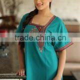 2015 Indian embroidered cotton kaftan / Long aqua color best india abaya dress & gown in polyester