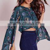 2016 Latest Fashion Design Lady Printed Cape Sleeve Tie Front Blouse thumbnail-3