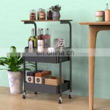 PP 3-tier Storage Rack Utility Home Kitchen Black Metal Powder Coating Storage Trolley Bamboo Tabletop Storage Rack Rolling Cart