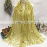Latest Beautiful Charm Lace Pattern Plain Cotton Muslim Embroidery Scarf thumbnail-3