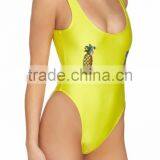 Classic Pineapple Printed Neon One Piece Swimsuit High Cut Legs Lined Without Bra Bodysuit Scooped Neck Low Cut Back Custom thumbnail-4