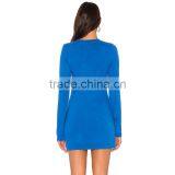 Royal Blue Crew Neck Long Sleeves Fitted Knitted Short Dress thumbnail-3
